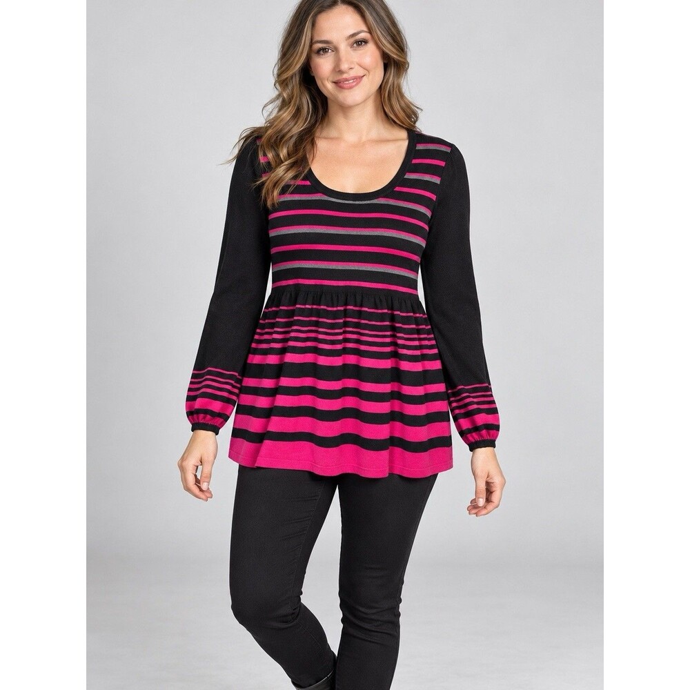 Style&co. Womens XL Black Pink Striped Knit Scoop Neck Long Sleeve Ruffle Top